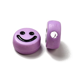 Lilac Opaque Acrylic Beads, Flat Round with Smiling Face Pattern, Lilac, 10x5mm, Hole: 2mm, about 1450pcs/500g