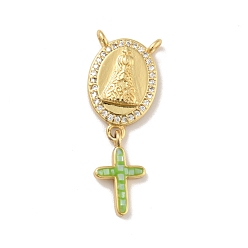 Lime Green Brass Charms, with Shell, Cadmium Free & Lead Free, Long-Lasting Plated, Oval with Cross, Real 18K Gold Plated, Lime Green, 30mm, Hole: 1.5mm