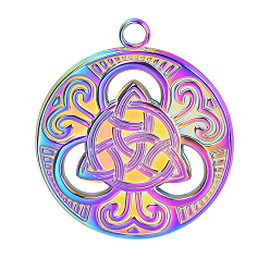 Rainbow Color Stainless Steel Pendants, Flat Round with Sailor's Knot Charms, Rainbow Color, 29x25x2mm, Hole: 2.5mm