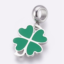 Sea Green 304 Stainless Steel European Dangle Charms, Large Hole Pendants, with Enamel, Clover, Stainless Steel Color, Sea Green, 26mm, Hole: 4mm, Pendant: 16.5x14x1mm