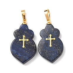 Ляпис-Лазурь Природный лазурит подвески, окрашенные, Тыквообразной формы с латунными защелкивающимися креплениями и 304 крестообразными кабошонами из нержавеющей стали., золотые, 30.5~31.5x17~17.5x4.5~7 мм, отверстие : 7.5x4 мм