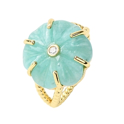 Амазонит Кольца-манжеты из натурального амазонита с цветком, с прозрачным кубическим цирконием и латунными кольцами, золотые, стойки покрытие, Цветок: 17x16.5 мм, внутренний диаметр: 17 мм