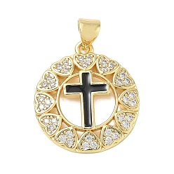 Black Religion Cross Brass Micro Pave Clear Cubic Zirconia Pendants, Flat Round Charms with Enamel, Lead Free & Cadmium Free, Long-Lasting Plated, Rack Plating, Real 18K Gold Plated, Black, 22x20x2.5mm, Hole: 5x3.5mm