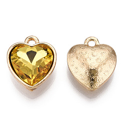 Goldenrod Faceted Glass Rhinestone Pendants, with Golden Tone Zinc Alloy Findings, Heart Charms, Goldenrod, 16.5x14x6.5mm, Hole: 1.6mm