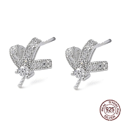 Real Platinum Plated Rhodium Plated 925 Sterling Silver Stud Earring Findings, with Clear Cubic Zirconia, Bowknot, for Half Drilled Beads, with S925 Stamp, Real Platinum Plated, 10x8.5mm, Pin: 11x1mm and 0.9mm