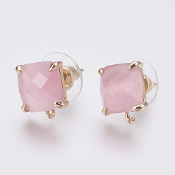 Pink Faceted Glass Stud Earring Findings, with Loop, Light Gold Plated Brass Findings, Square, Pink, 11x10x5mm, Hole: 1mm, Pin: 0.8mm