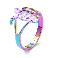 Rainbow Color Ion Plating(IP) 304 Stainless Steel Hollow Out Tortoise Adjustable Ring for Women, Rainbow Color, US Size 6 1/4(16.7mm)