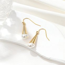 Real 18K Gold Plated 304 Stainless Steel Cone Dangle Earrings, Natural Pearl Drop Earrings, Real 18K Gold Plated, 28.8x8mm