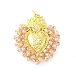 Фора Латунь стекло кулоны, Сердце с Девой Марией, с петлей, долговечный, без кадмия и без свинца, стойки покрытие, реальный 18 k позолоченный, граненые, оранжевые, 35.5x30.5x8 мм, отверстие : 5.6 мм