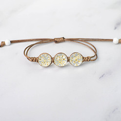White Triple Round Glass Braided Bead Bracelet, Pressed Flower Adjustable Bracelet for Women, White, Beads: 12mm