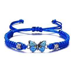 Blue Butterfly Alloy Enamel Link Bracelet with Rhinestone, Braided Adjustable Bracelet, Blue, Inner Diameter: 2-3/8 inch(6cm)