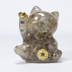 Quartz Rutilated Décorations d'exposition artisanales en copeaux de quartz rutilé naturel et en résine, figurine de chat porte-bonheur, pour la maison ornement feng shui, 63x55x45mm