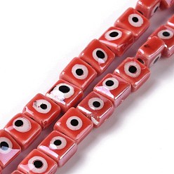 Crimson Handmade Porcelain Ceramic Beads Strands, Famille Rose Style, Square with Evil Eye, Crimson, 7.5~8x7.5~8x5~5.5mm, Hole: 2mm, about 40pcs/strand, 12.36~12.44 inch(31.4~31.6cm)