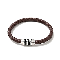 Saddle Brown Leather Braided Cord Bracelet with 304 Stainless Steel Magnetic Column Clasps for Men Women, Saddle Brown, 8-5/8 inch(22cm)