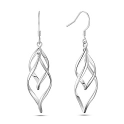 Platinum SHEGRACE Brass Dangle Earrings, with 925 Sterling Silver Pins, Leaf, Platinum, 48x12mm
