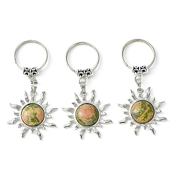 Унакит Брелок-подвеска от солнца из натурального унакита и латуни, с латунной фурнитурой платинового цвета, для украшения сумки, ювелирных изделий, подарка, 7.5 см