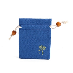 Steel Blue Flower Print Linen Drawstring Gift Bags for Packaging Sachets, Rings, Earrings, Rectangle, Steel Blue, 10x8cm