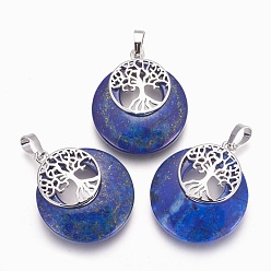 Lapis Lazuli Natural Lapis Lazuli Pendants, with Platinum Tone Brass Findings, Flat Round with Tree of Life, 32.5~33x27.5~28x5~6mm, Hole: 5x7mm