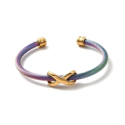 Rainbow Color Ion Plating(IP) 304 Stainless Steel Infinity Beaded Twist Rope Open Cuff Bangle for Women, Rainbow Color, Inner Diameter: 2 inch(5cm)