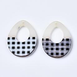 Creamy White Resin & Wood Pendants, Teardrop, Ivory, 37.5x28x3~3.5mm, Hole: 1.5mm