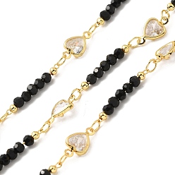 Черный Покрытие стойки настоящее 18k позолоченное сердце латунные цепи с цирконием, ручной цепи стекло бисером, пайки, с катушкой, без свинца и без кадмия, чёрные, Сердце: 10x6x2.5 mm, звено борта: 18x3мм