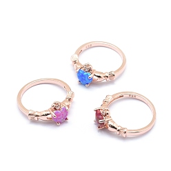 Rose Gold Synthetic Opal Finger Rings, with Cubic Zirconia and Brass Findings, Long-Lasting Plated, Irish Heart, Size 7, Mixed Color, Rose Gold, 17mm