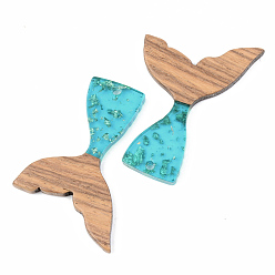 Dark Turquoise Transparent Resin & Walnut Wood Pendants, with Foil, Mermaid Fishtail Shape, Dark Turquoise, 39x28x3mm, Hole: 2mm