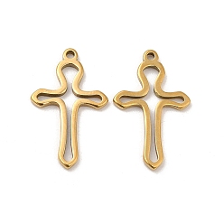 Real 18K Gold Plated 304 Stainless Steel Pendants, Hollow, Cross Charm, Real 18K Gold Plated, 17x10.5x1mm, Hole: 1mm