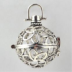 Antique Silver Rack Plating Brass Cage Pendants, For Chime Ball Pendant Necklaces Making, Hollow Round with Flower, Antique Silver, 31x28x24mm, Hole: 6x6mm, inner measure: 21mm