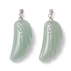 Green Aventurine Natural Green Aventurine Pendants, with Platinum Plated Brass Loops, Wing, 36x15~16.6x6.5~7.7mm, Hole: 5x4mm