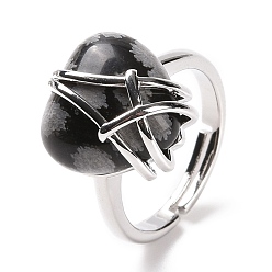 Снежный Обсидиан Регулируемое кольцо в виде сердца из натурального обсидиана в виде снежинки, украшения из латунной проволоки для женщин, без кадмия и без свинца, размер США 7 1/4~13 (17.5~22.3 мм)