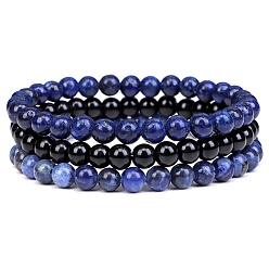 Lapis Lazuli 3Pcs 3 Style Natural Lapis Lazuli & Black Agate Round Beaded Stretch Bracelets Set, Gemstone Stackable Bracelets for Woman, Wide: 6mm, 7-1/4~7-1/2 inch(18.5~19cm), 1Pc/style