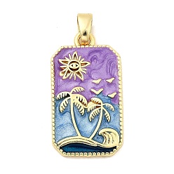 Фиолетовый Латунь эмаль подвески, прямоугольник с деревом и солнцем, стойки покрытие, долговечный, без кадмия и без свинца, золотые, фиолетовые, 28.5x15.5x3 мм, отверстие : 3.5x6 мм