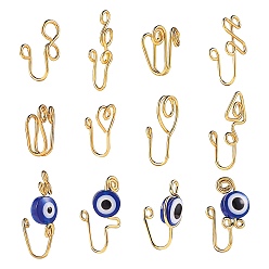 Golden 12Pcs 12 Style Evil Eye & Wire Wrap Brass Nose Rings, Nose Cuff Non Piercing, Clip on Nose Ring for Women Men, Golden, 14~23x5.5~13x7~11mm, Hole: 1.5mm, 1pc/style