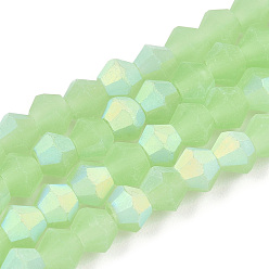 Light Green Imitation Jade Bicone Frosted Glass Bead Strands, Half AB Color Plated, Faceted, Light Green, 4x4mm, Hole: 1mm, about 86~89pcs/strand, 12.20~12.68 inch(31~32.2cm)