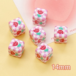 Rose Nacré Perles acryliques imprimés opaques, cube avec motif fleur & tartan, perle rose, 14x14mm