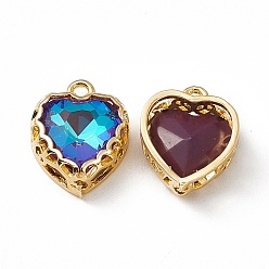 Blue Zircon Heart K9 Glass Charms, Faceted, with Light Gold Tone Brass Edge, Blue Zircon, 14.5x12x5.5mm, Hole: 1.6mm