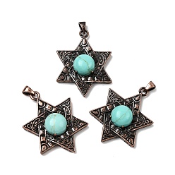 Синтетическая Бирюза Подвески в виде звезды Давида из окрашенной синтетической бирюзы, с винтажной латунной рамкой красного медного оттенка, 33.5~34x25.5x7.5 мм, отверстие : 5x3 мм