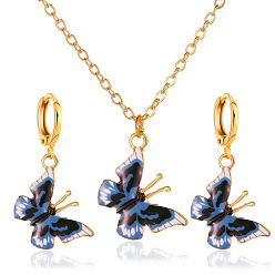 Стально-синий Комплект украшений в виде бабочки из легкого золотого сплава, колье с подвеской из эмали и серьги-кольца с подвесками, стальной синий, 500 мм
