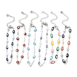 Stainless Steel Color 304 Stainless Steel Link Chain Bracelets, with Enamel, Evil Eye, Mixed Color, Stainless Steel Color, 7-1/4~8-3/8 inch(18.5~21.2cm)