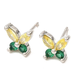 Green Butterfly Platinum Brass Stud Earrings, with Clear Cubic Zirconia, Long-Lasting Plated, Lead Free & Cadmium Free, Green, 7.5x8.5mm