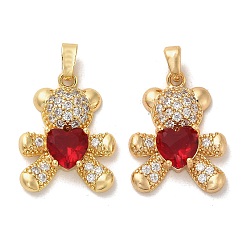 Red Brass Micro Pave Cubic Zirconia Pendants, Glass Bear Charms, Real 18K Gold Plated, Red, 21x16x5mm, Hole: 5x3mm