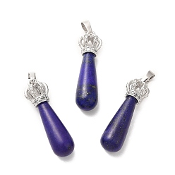 Lapis Lazuli Natural Lapis Lazuli Pendants, Teardrop Charms, with Brass Crystal Rhinestone Crown Findings, Platinum, Cadmium Free & Lead Free, 36~39x9.5~11mm, Hole: 5x8mm