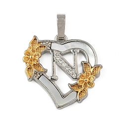 Letter N Латунь микропаве фианиты с подвесками-ракушками, Сердце и письмо, долговечный, без свинца и без кадмия, стойки покрытие, Письмо N, 20x20.5x3 мм, отверстие : 3.5x5 мм