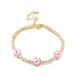 Pearl Pink Flower with Evil Eye Enamel Link Bracelet with Clear Cubic Zirconia Tennis Chains, Gold Plated Brass Jewelry for Women, Cadmium Free & Lead Free, Pearl Pink, 6-7/8 inch(17.5cm)