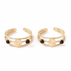 (946F)Морозный цвет внутри  Жонкиль / Непрозрачная зеленая подкладка Натуральный черный агат и плоское круглое открытое кольцо-манжета, ионное покрытие (ip) 304 тройное кольцо из нержавеющей стали для женщин, золотые, размер США 7 1/4 (17.5 мм)