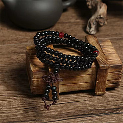 Black 108 Beads Prayer Mala Bracelet, Imitation Sandal Wood Round Beaded Wrap Bracelet Necklaces for Ramadan & Eid Mubarak, Black, 23-5/8 inch(60cm)