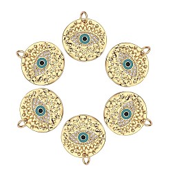 Real 18K Gold Plated 6Pcs Brass Micro Pave Clear Cubic Zirconia Pendants, with Enamel and Jump Rings, Flat Round with Eye, Real 18K Gold Plated, 18x2.5mm, Hole: 3.5mm