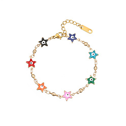 Star Golden Tone Stainless Steel Enamel Evil Eye Link Chain Bracelets for Women, Colorful, Star, 6-1/4 inch(16cm)