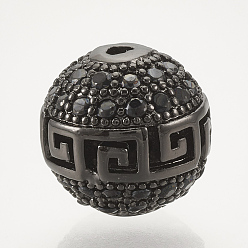 Gunmetal Brass Micro Pave Cubic Zirconia Beads, Hollow, Round,  Black, Gunmetal, 10mm, Hole: 1.6mm